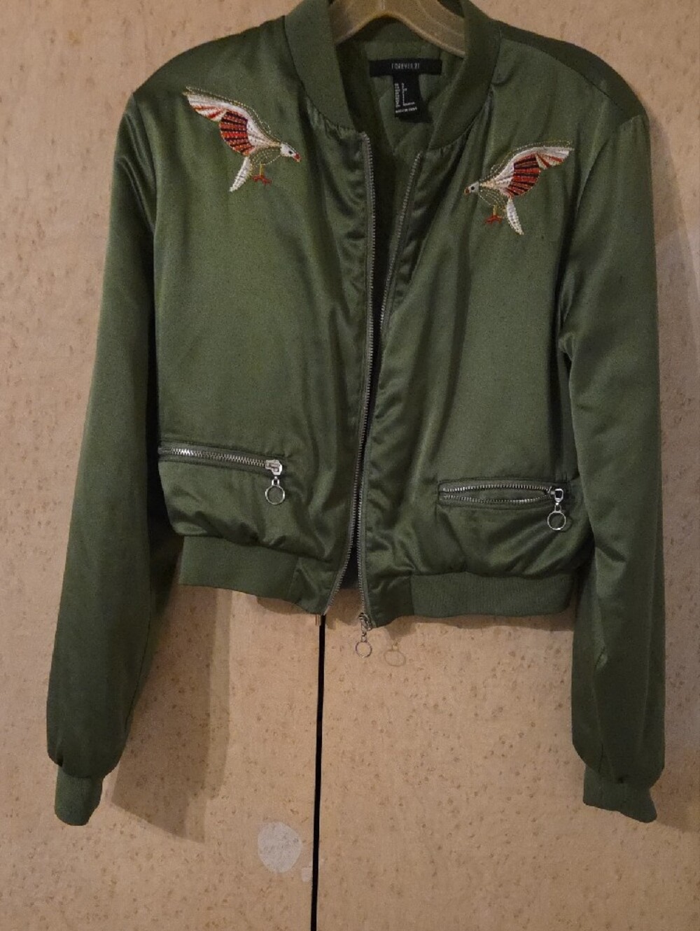Forever 21 Olive Satin Bomber Jacket with Embroidered Birds